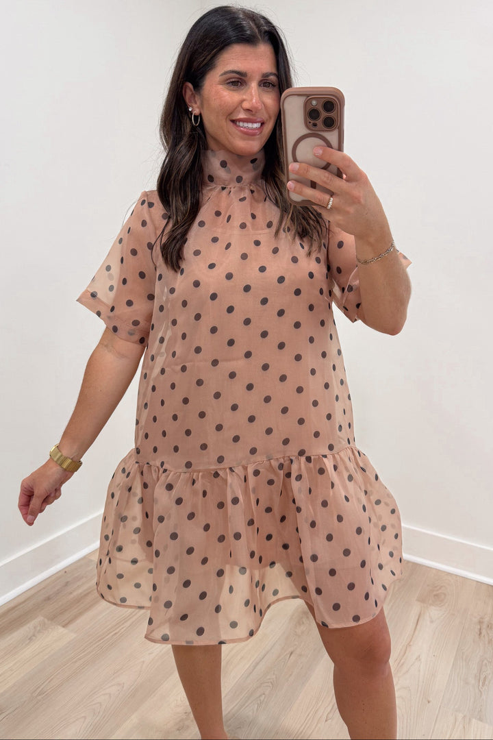 ecru with brown polka dot print short sleeve high neckline ruffle hem mini dress