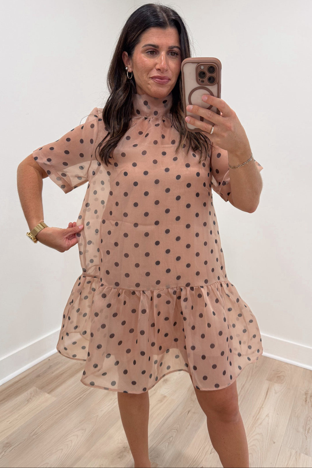 ecru with brown polka dot print short sleeve mock neck ruffle hem relaxed silhouette mini dress