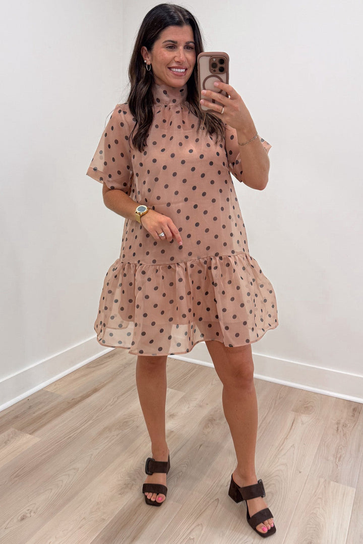 ecru with brown polka dot print short sleeve mock neck ruffle hem mini dress