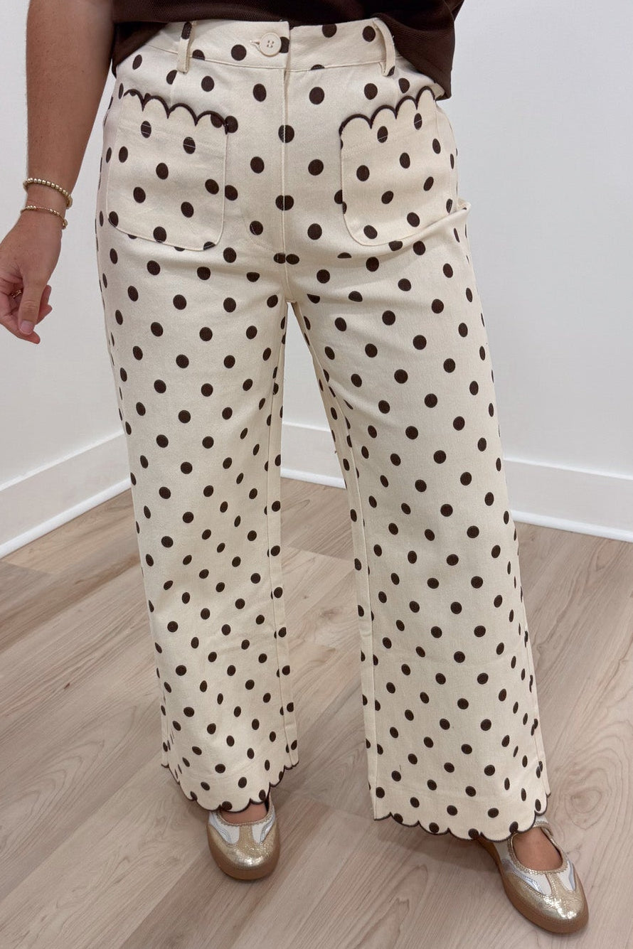 ecru with brown polka dot print high waisted wide leg twill denim pants with scalloped trim details