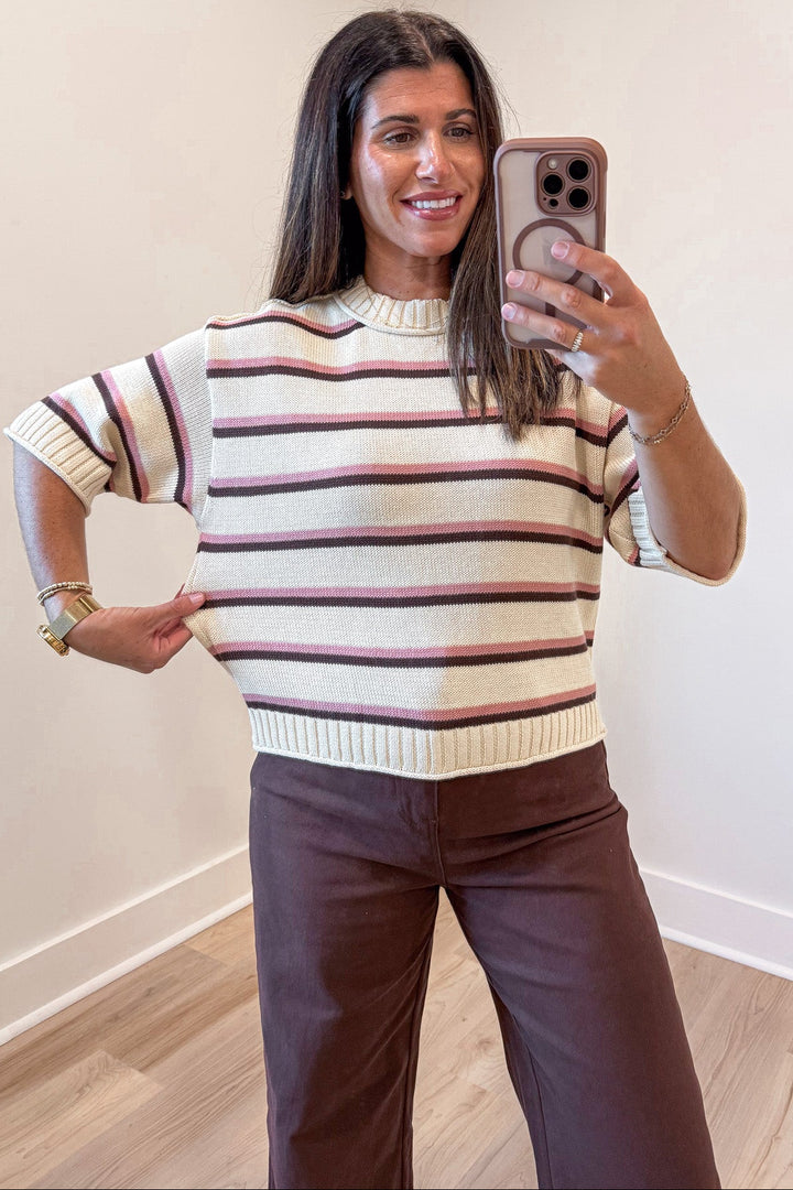ecru with brown and pink stripes half-length sleeve relaxed silhouette lightweight knit top
