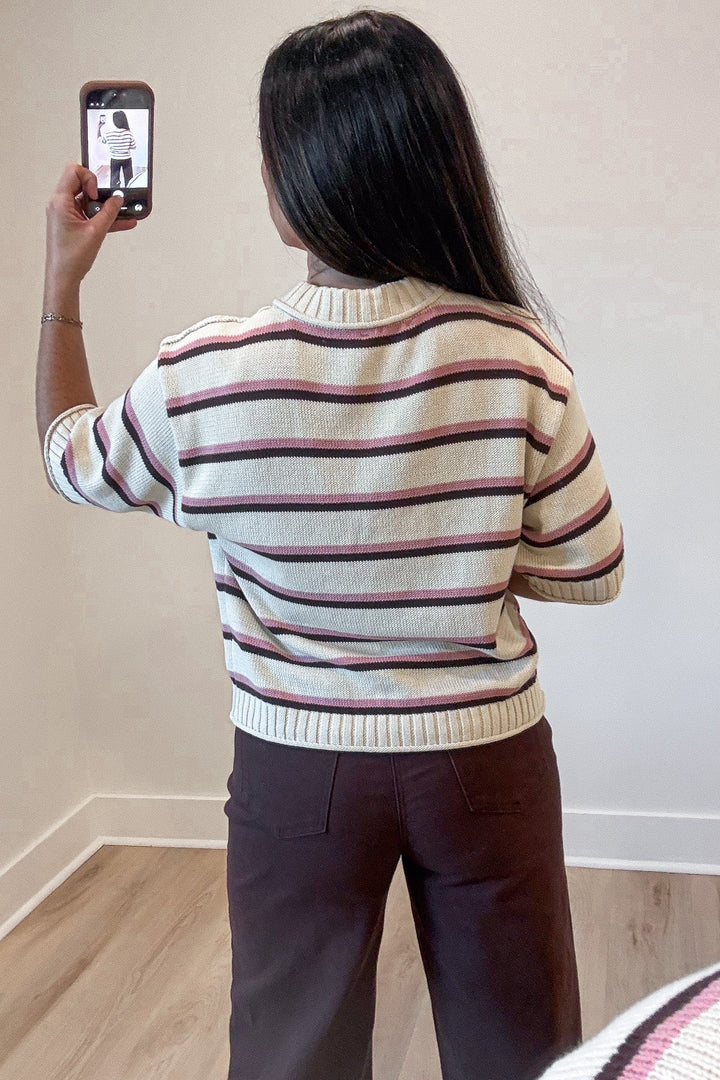 ecru with brown and pink stripes half-length sleeve lightweight knit top with ribbed trim