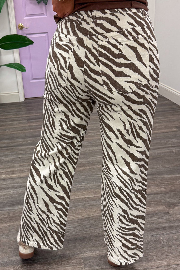ecru and brown zebra print wide leg lightweight twill denim pants with back pockets