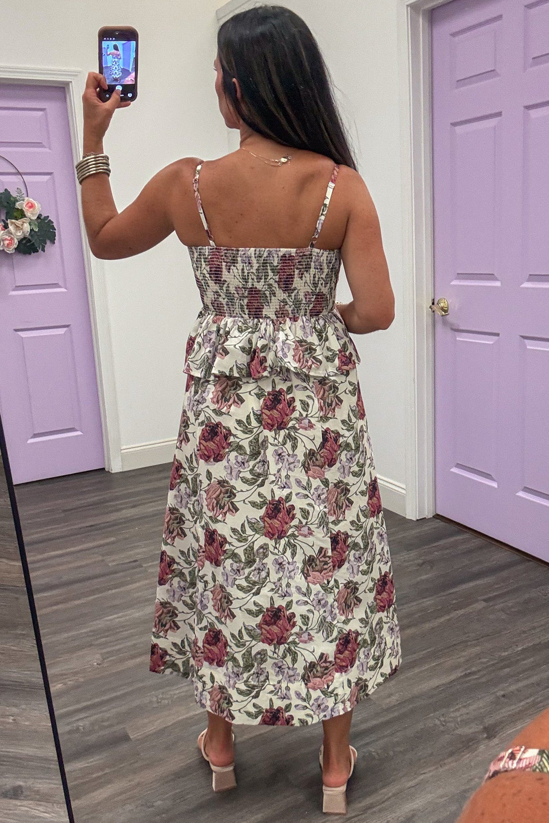 ecru with burgundy and green floral print sleeveless peplum style midi dress with smocked back