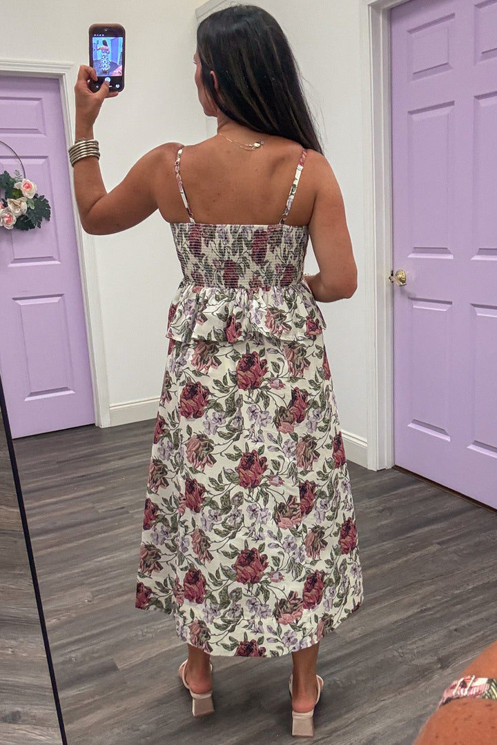 ecru with burgundy and green floral print sleeveless peplum style midi dress with smocked back