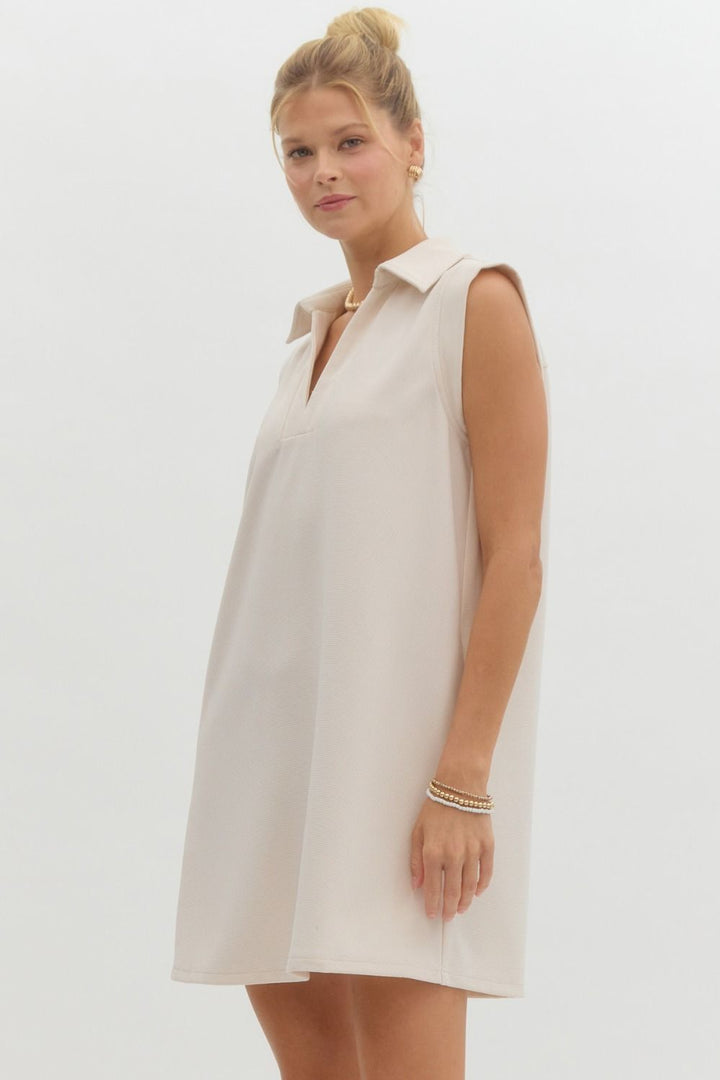 Entro Ecru sleeveless textured tunic dress with collar