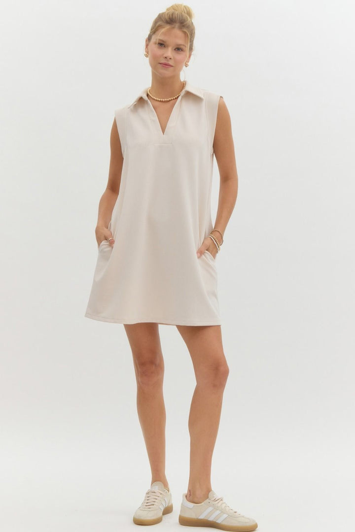 Entro Ecru sleeveless textured tunic dress with collar