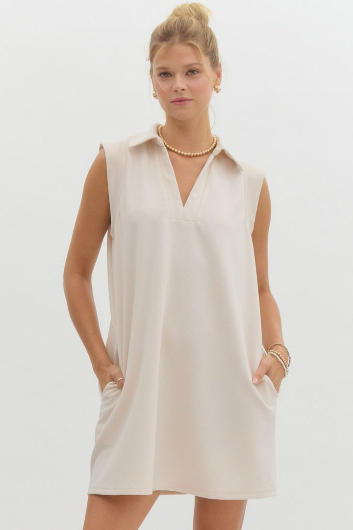 Entro Ecru sleeveless textured tunic dress with collar