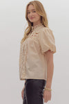 Entro Ecru pearl button down top with embroidered lace details