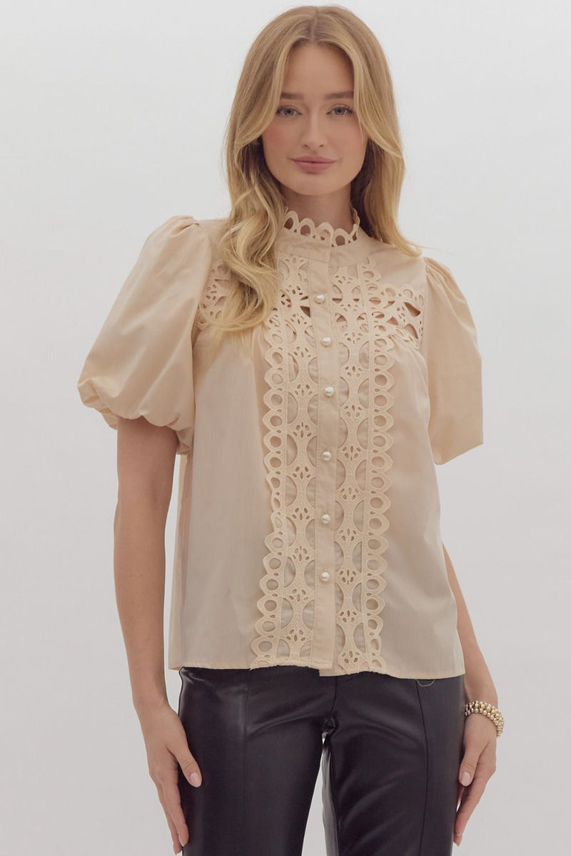 Entro Ecru pearl button down top with embroidered lace details