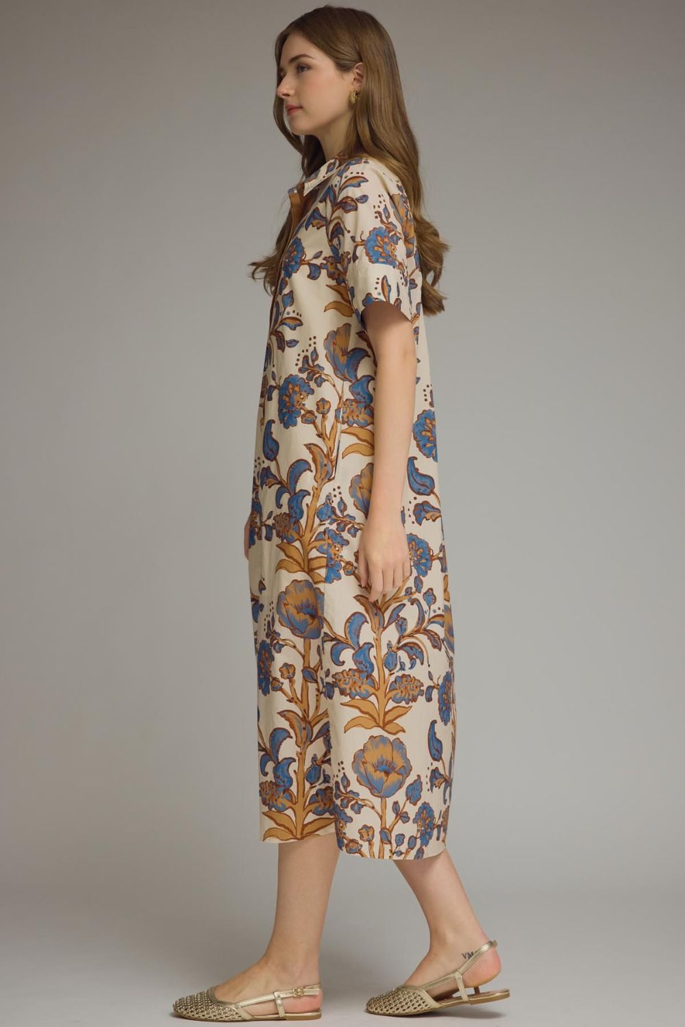 Entro ecru, blue and tan floral print button front poplin midi dress with a collar