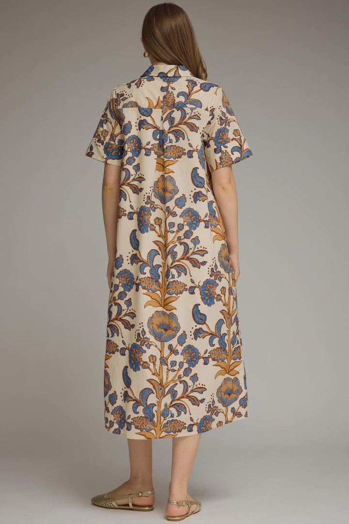 Entro ecru, blue and tan floral print button front poplin midi dress with a flattering fit