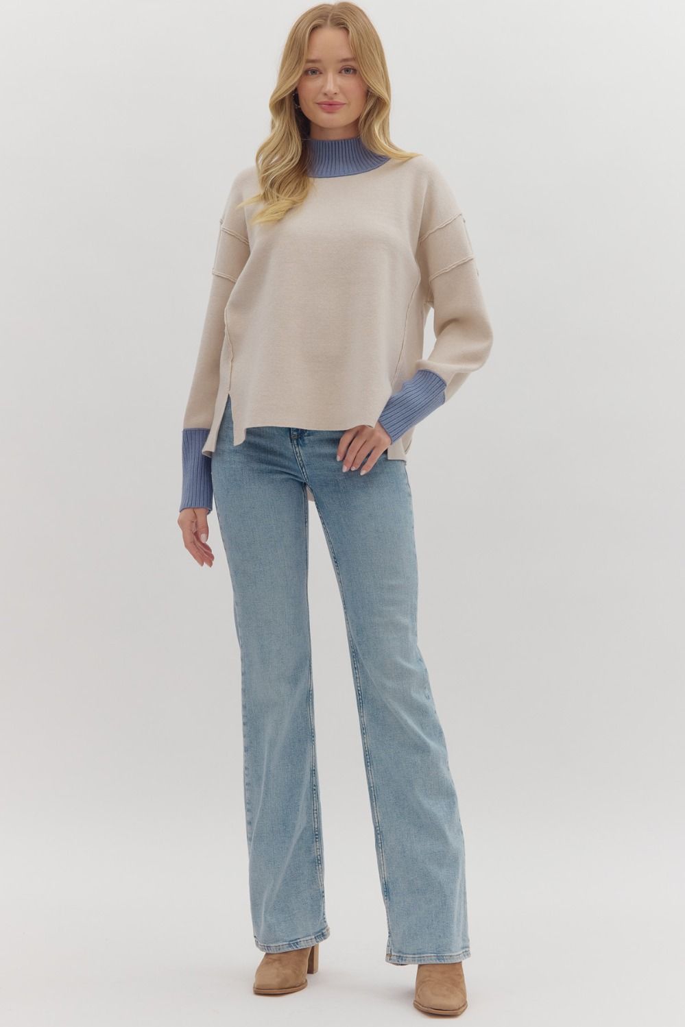 Women's ecru sweater knit pullover top with cornflower blue ribbed trim by Entro showing full front view