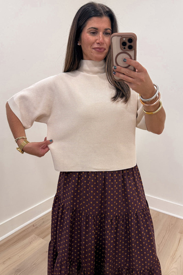 solid ecru mock neckline short dolman sleeve semi-cropped relaxed silhouette ribbed knit top