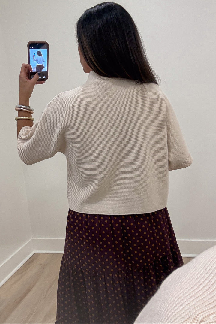ecru mock neckline short dolman sleeve semi-cropped ribbed knit top