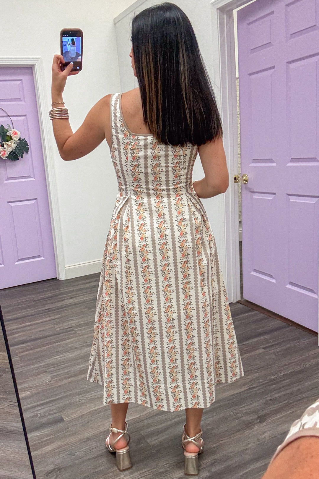 ecru with orange and taupe floral trellis stripes gathered waistline pleated midi dress