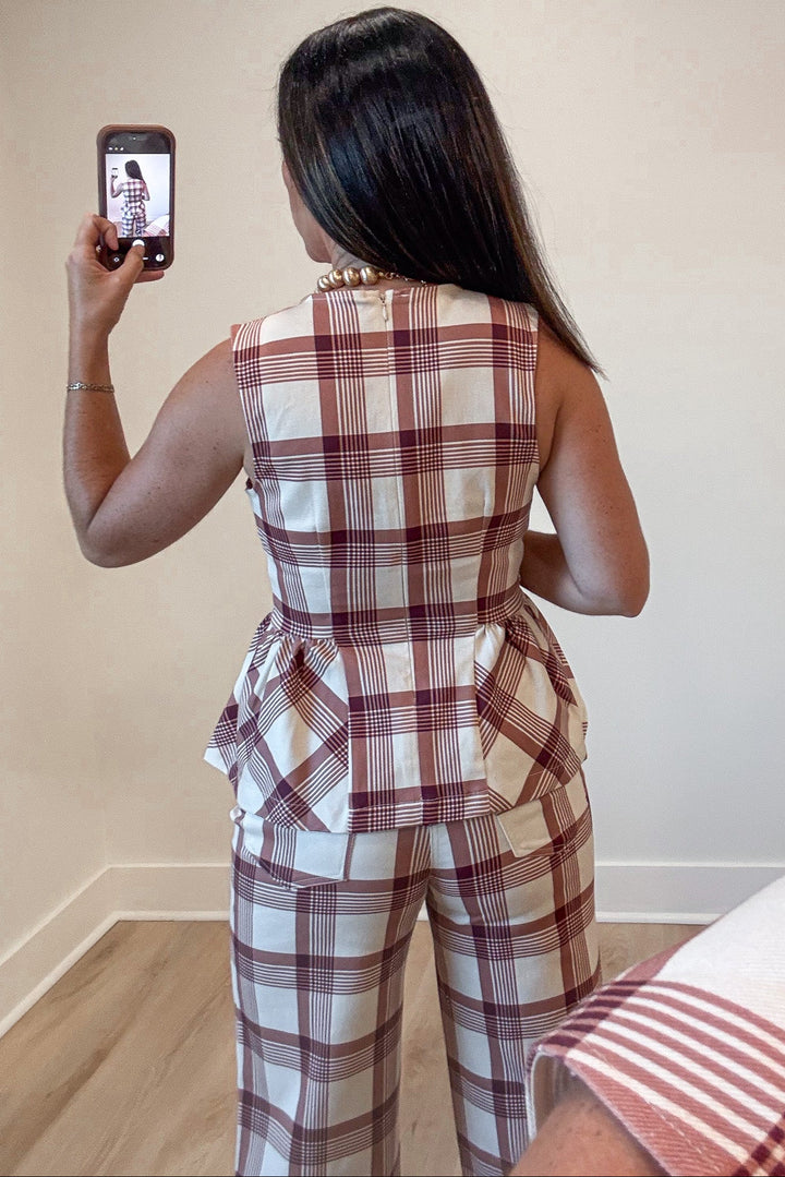 ecru peach and terracotta plaid print sleeveless peplum hem twill denim top with back zipper closure