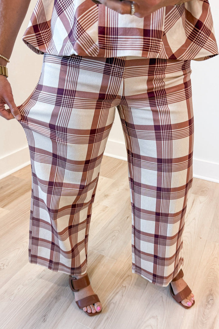 ecru peach and terracotta plaid print wide leg high waisted silhouette twill denim pants