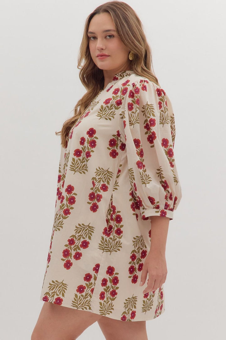 Women's ecru, dark red and olive floral print dress by Entro in plus showing full side view 