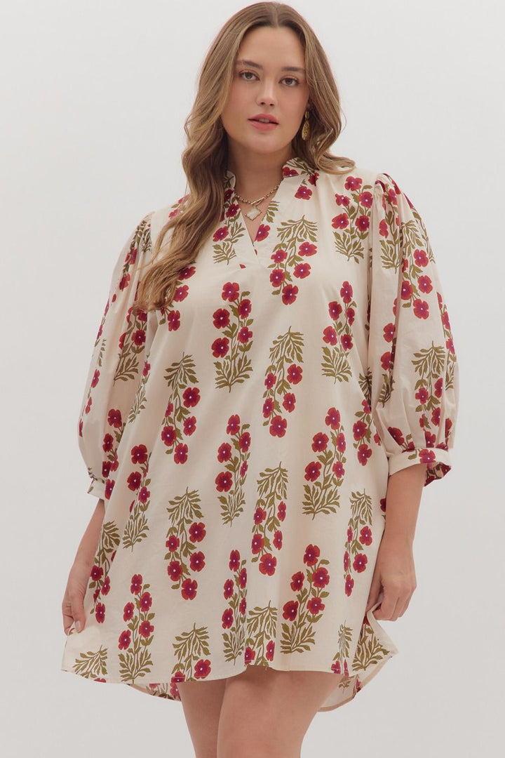 Women's ecru, dark red and olive floral print dress by Entro in plus