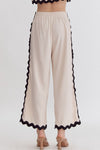 Entro Ecru ribbed knit wide leg pants with black scalloped piping ric rac trim