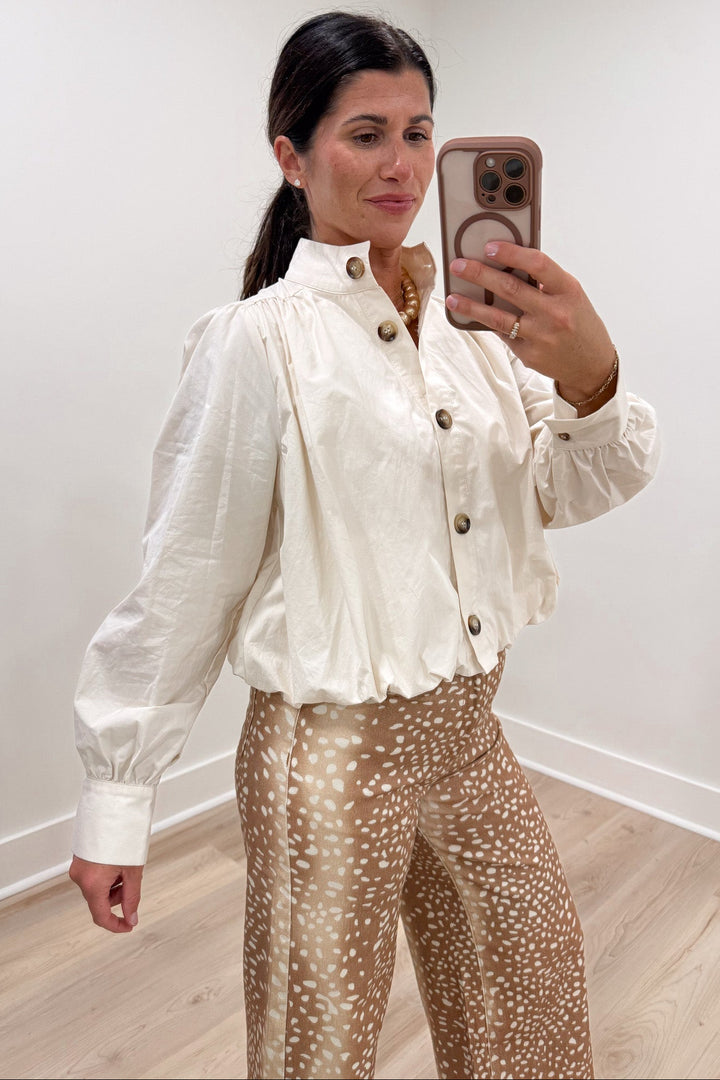 solid ecru long cuffed balloon sleeve ruched button front bubble hem cotton poplin top