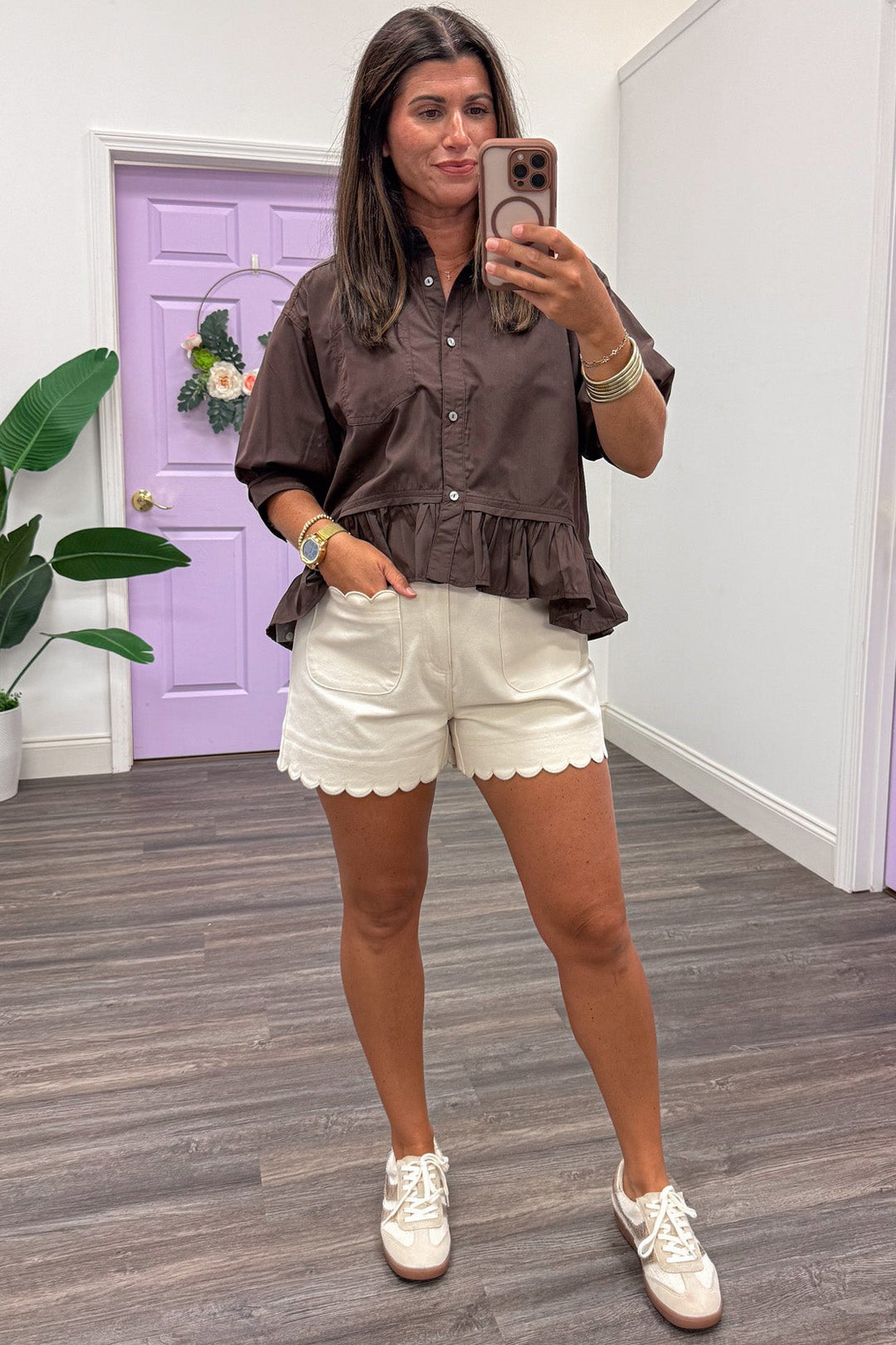 solid ecru wide leg twill shorts with scallop embroidered pockets and hem