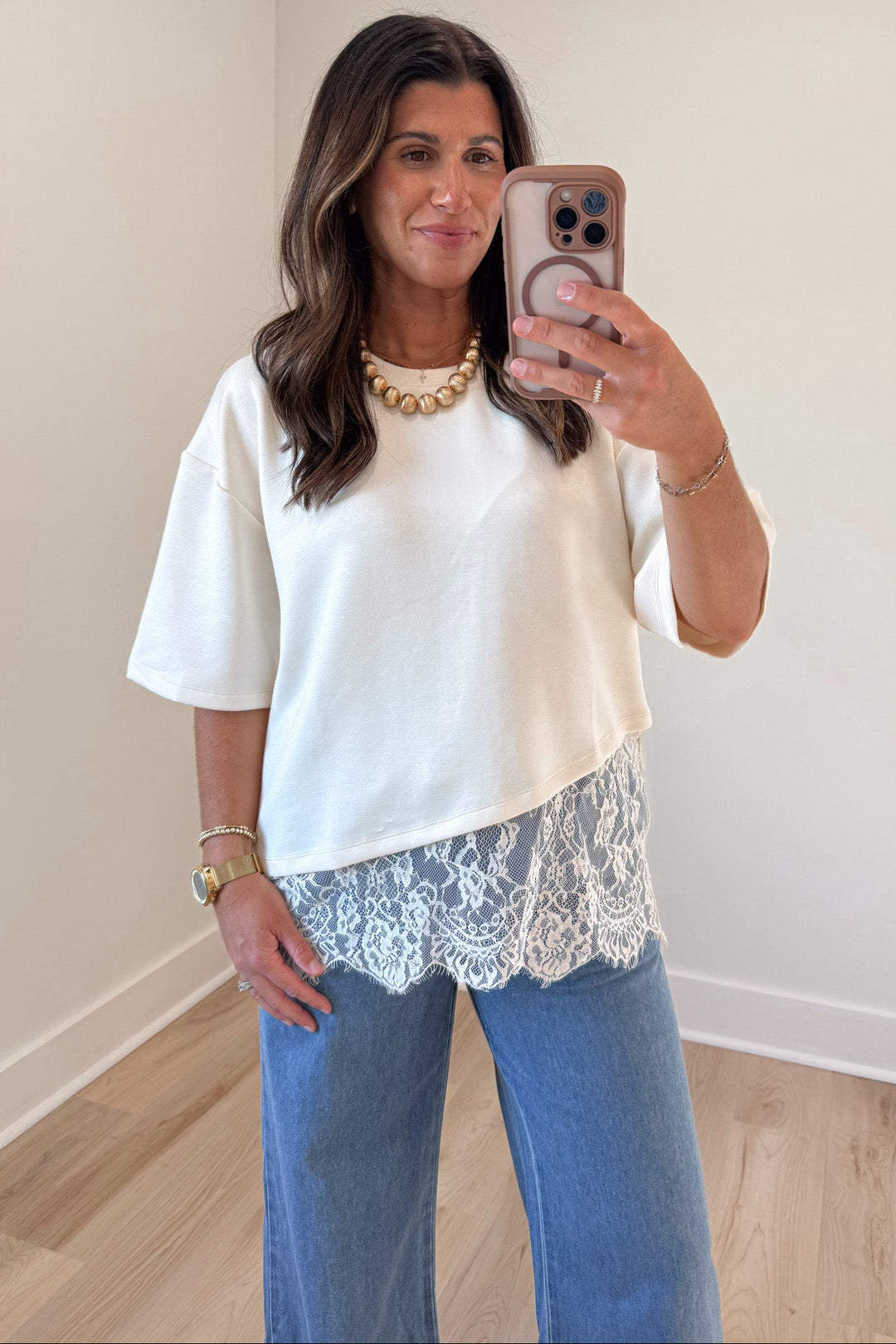 solid ecru asymmetrical tiered lace hem short sleeve crew neckline top