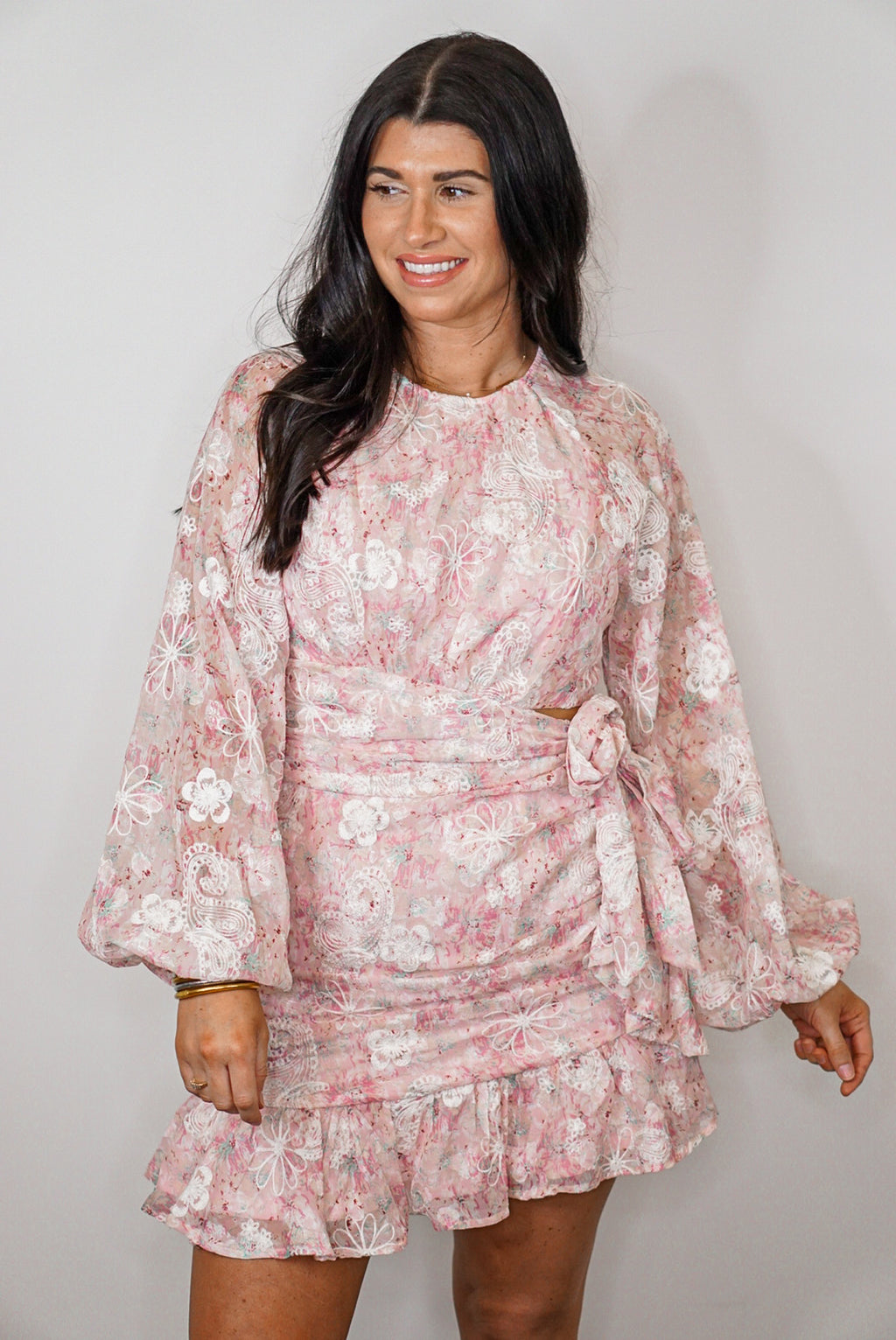 floral embroidered pink wrap dress