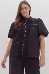 Entro Plus Black pearl button down top with embroidered lace details