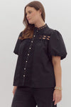 Entro Plus Black pearl button down top with embroidered lace details