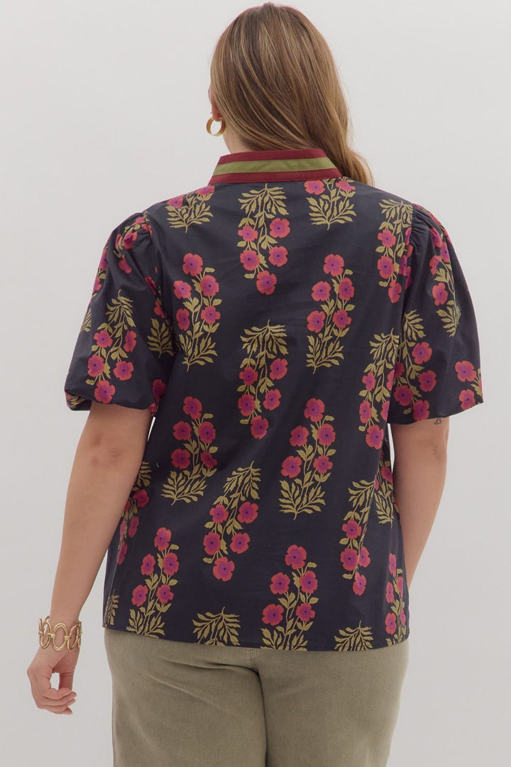 Women's black and burgundy floral poplin top by Entro  plus size back view