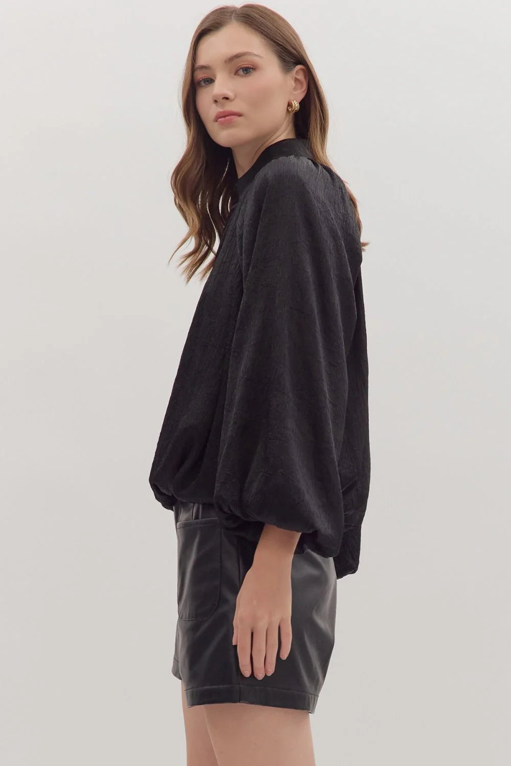 entro black satin bubble hem top side
