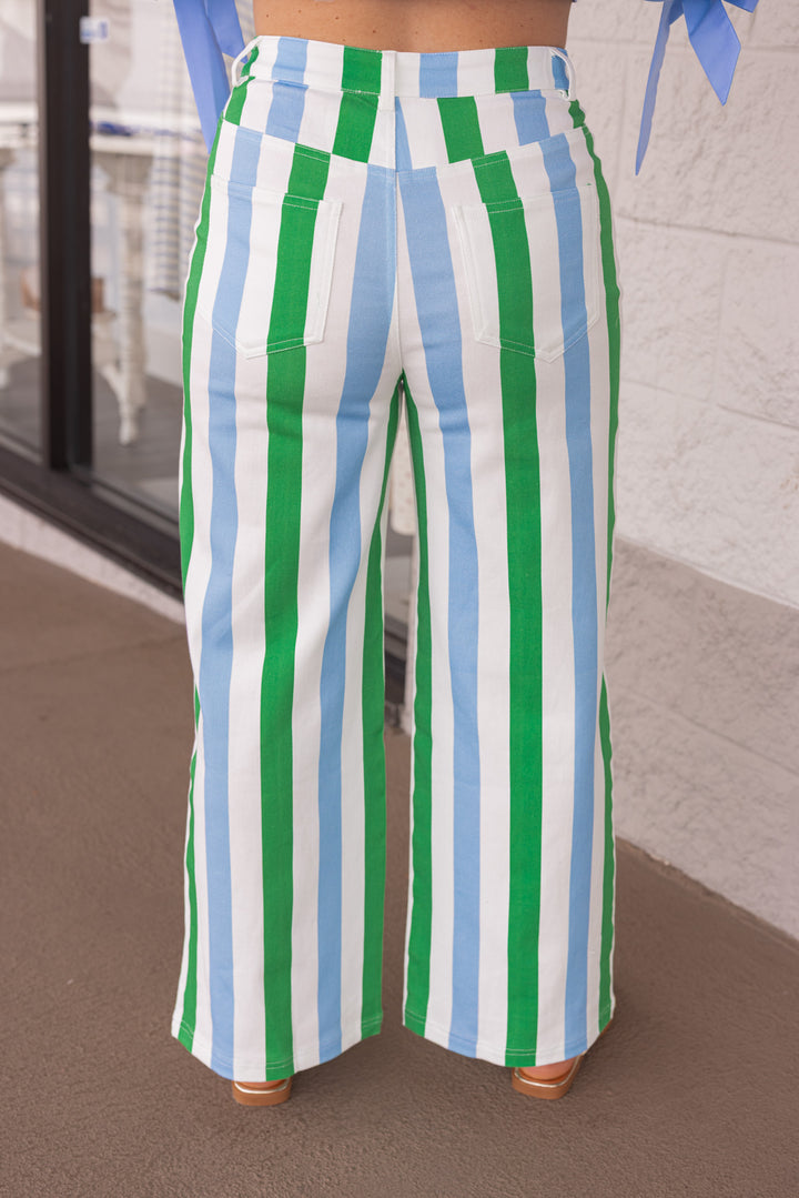 Colorful, blue and green striped wide leg pants with back pockets