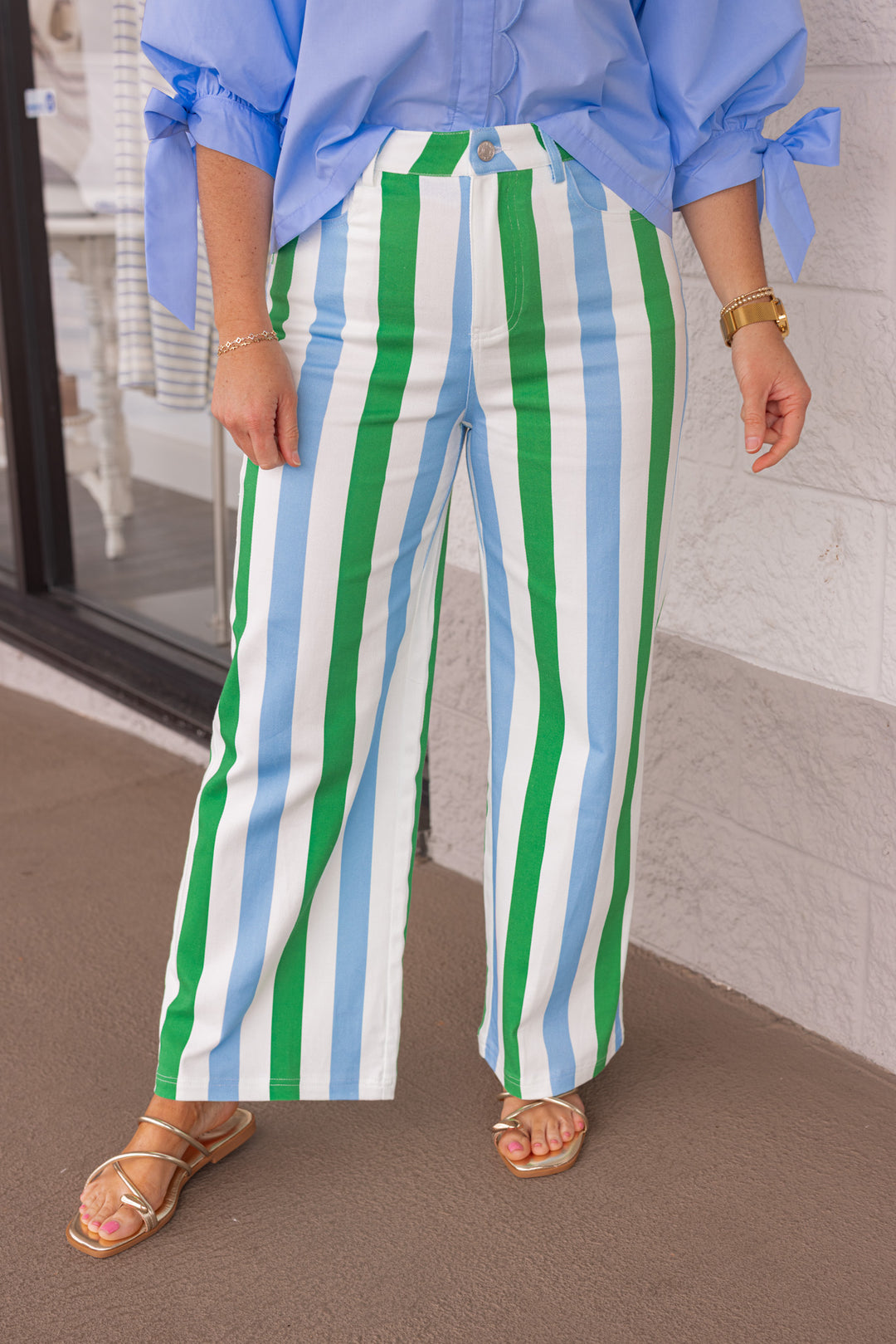 Women's blue and green striped twill denim with a classic 5 pocket design 