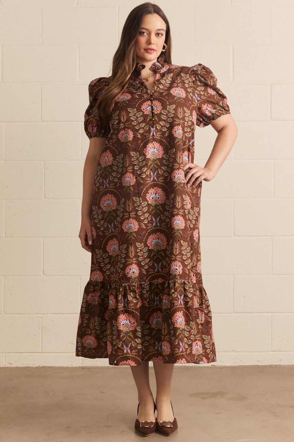 Entro brown and peach floral print plus size dress with eyelet details