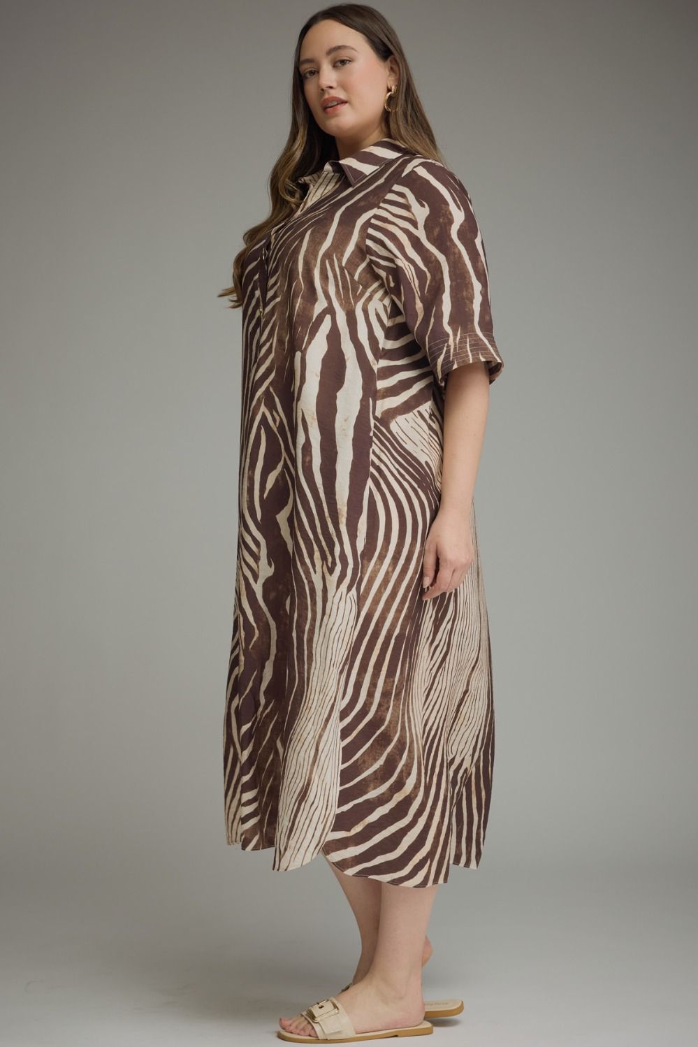 Entro Plus Size Brown and Ecru Abstract Zebra Print Midi Dress with Short Sleeves