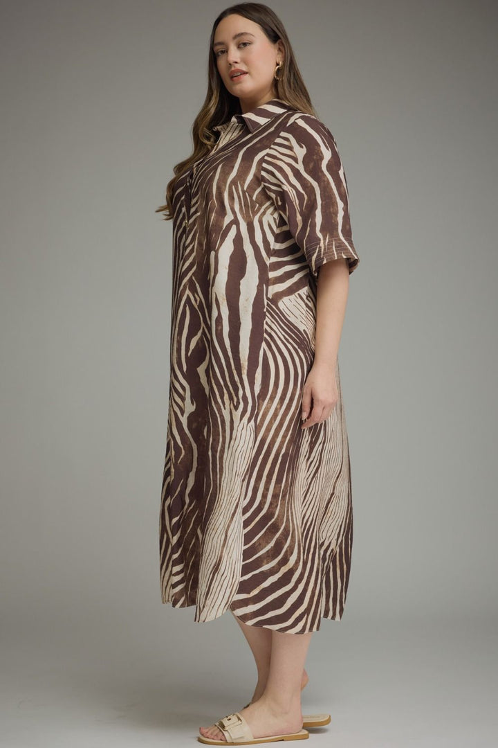 Entro Plus Size Brown and Ecru Abstract Zebra Print Midi Dress with Short Sleeves