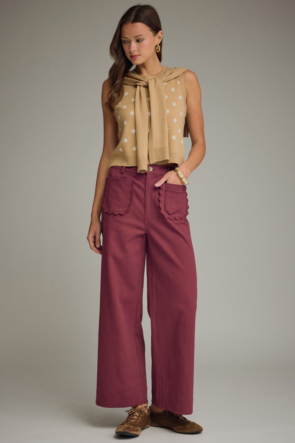 Entro twill denim wide leg pants with scalloped details in burgundy