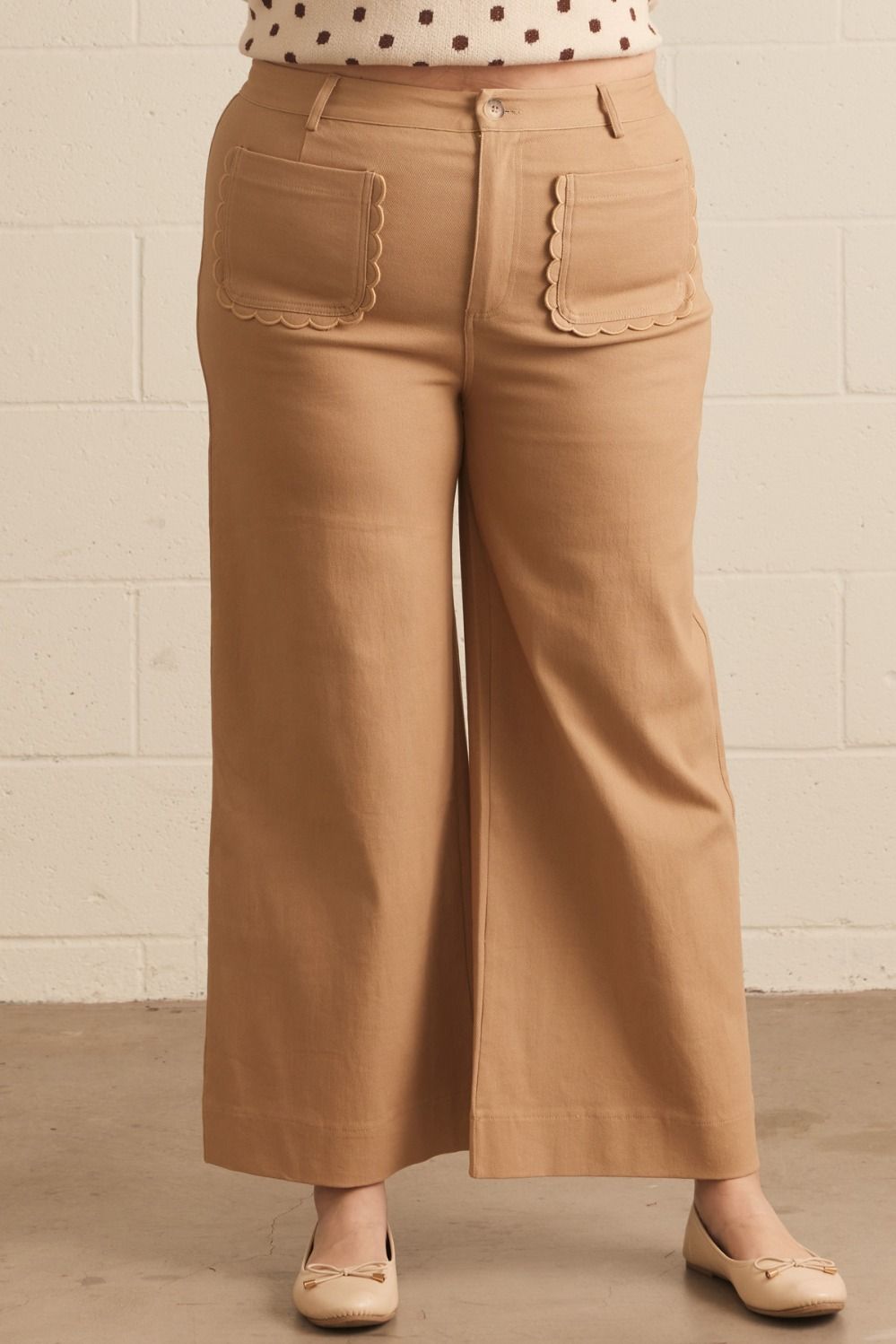 Entro plus size caramel twill denim wide leg pants with scalloped pockets