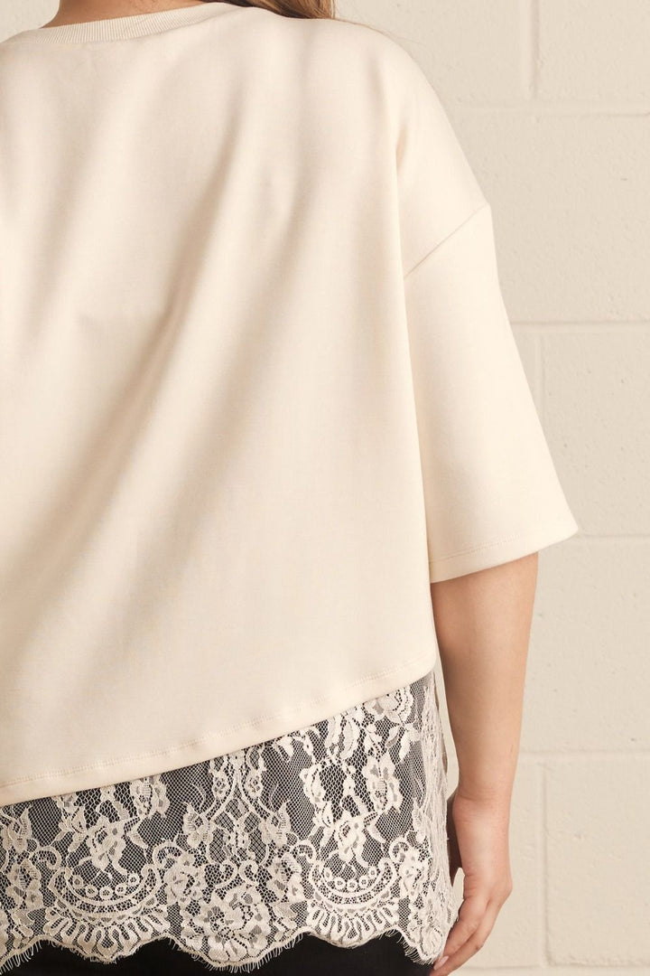 entro ecru scalloped hem short sleeve crew neckline top with asymmetrical lace detail plus size