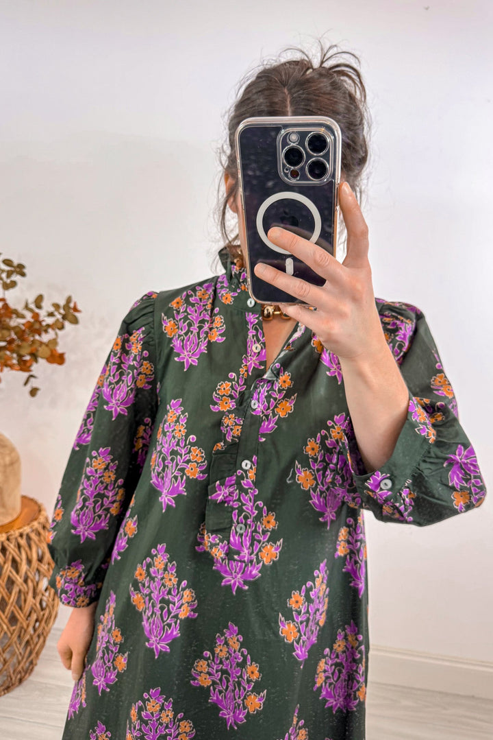entro fall olive green floral midi dress details