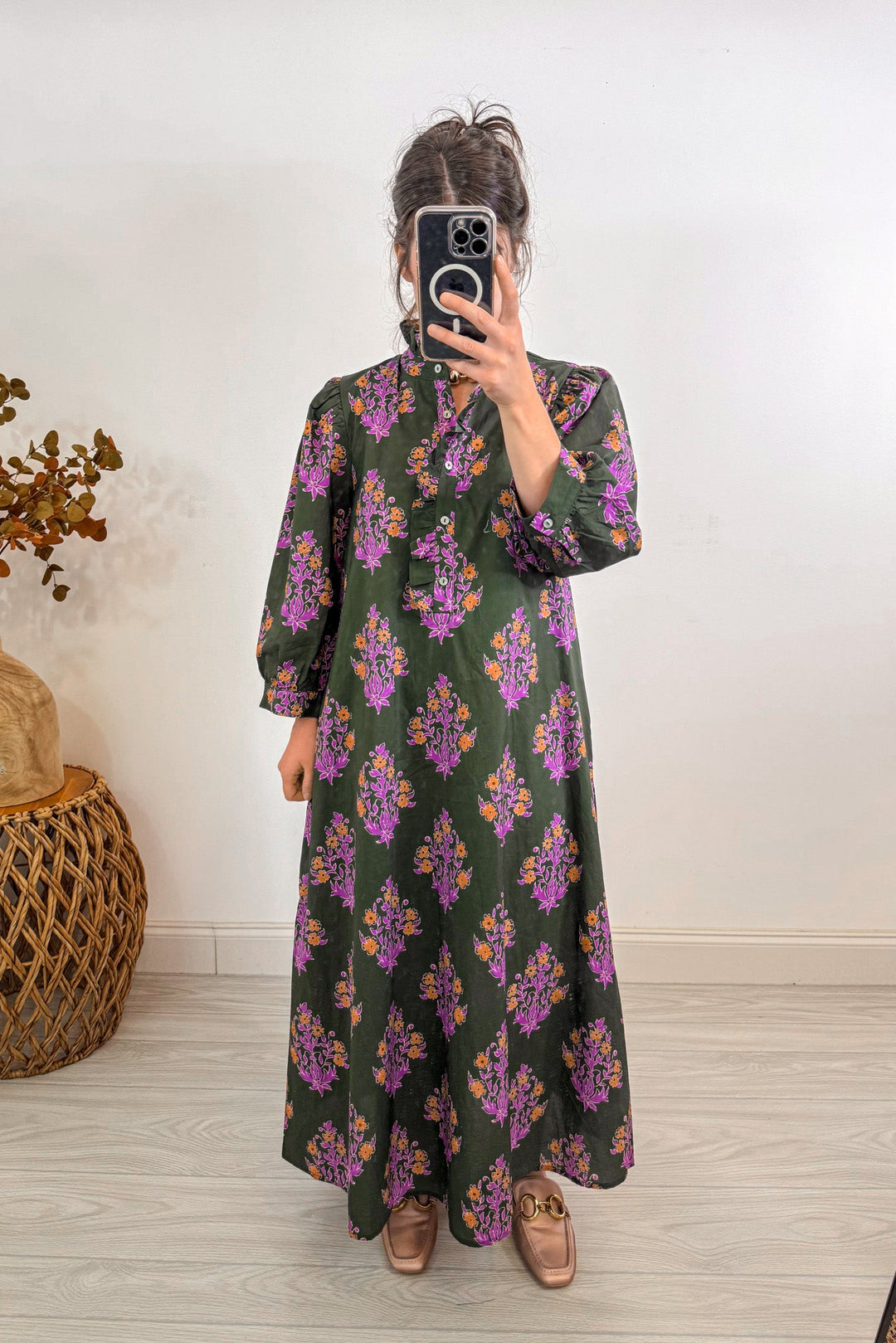 entro fall olive green floral midi dress straight