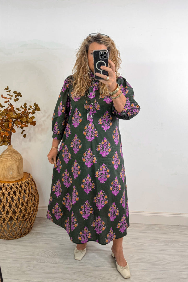 entro fall olive green floral midi dress width