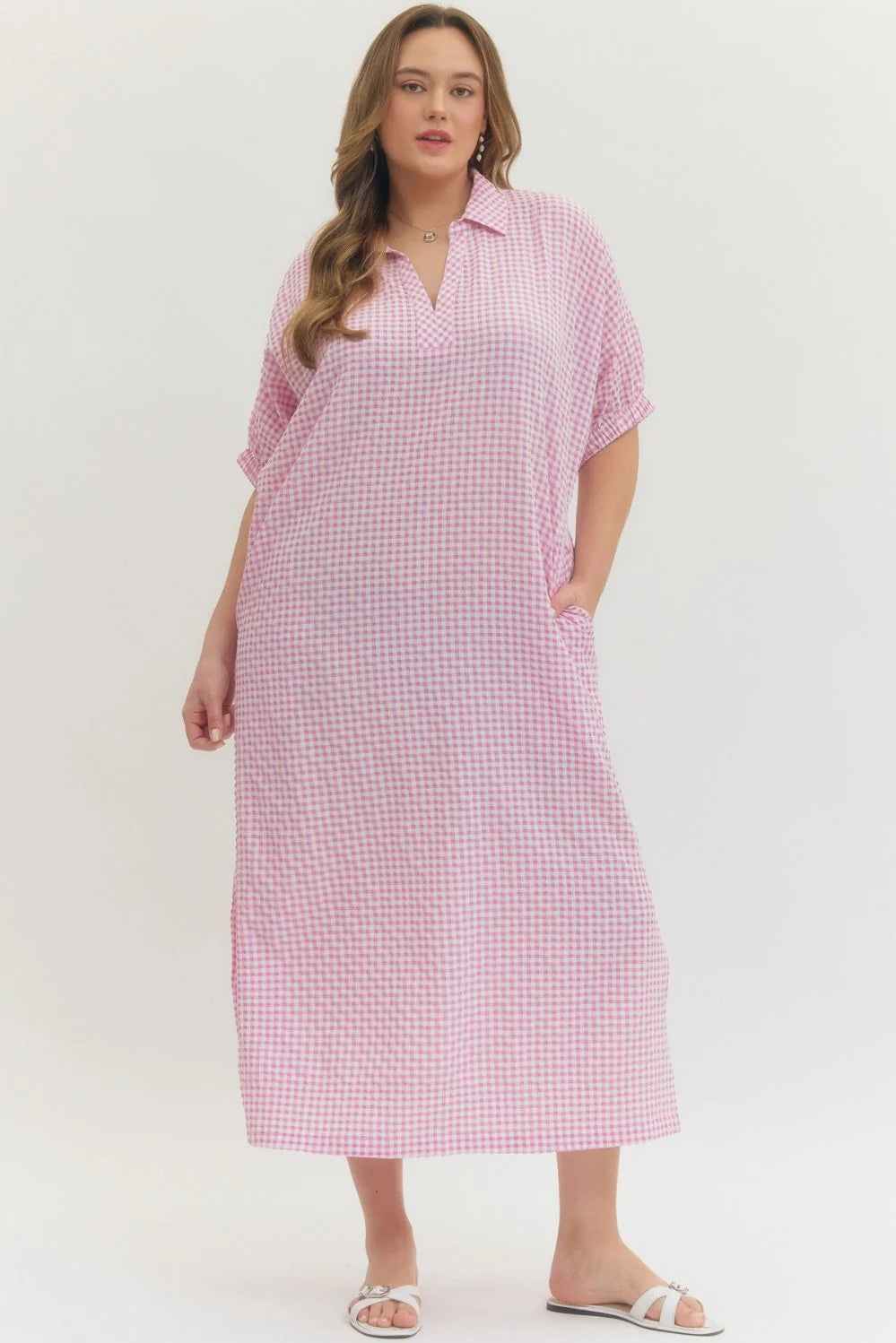 women's plus size pink gingham maxi dress