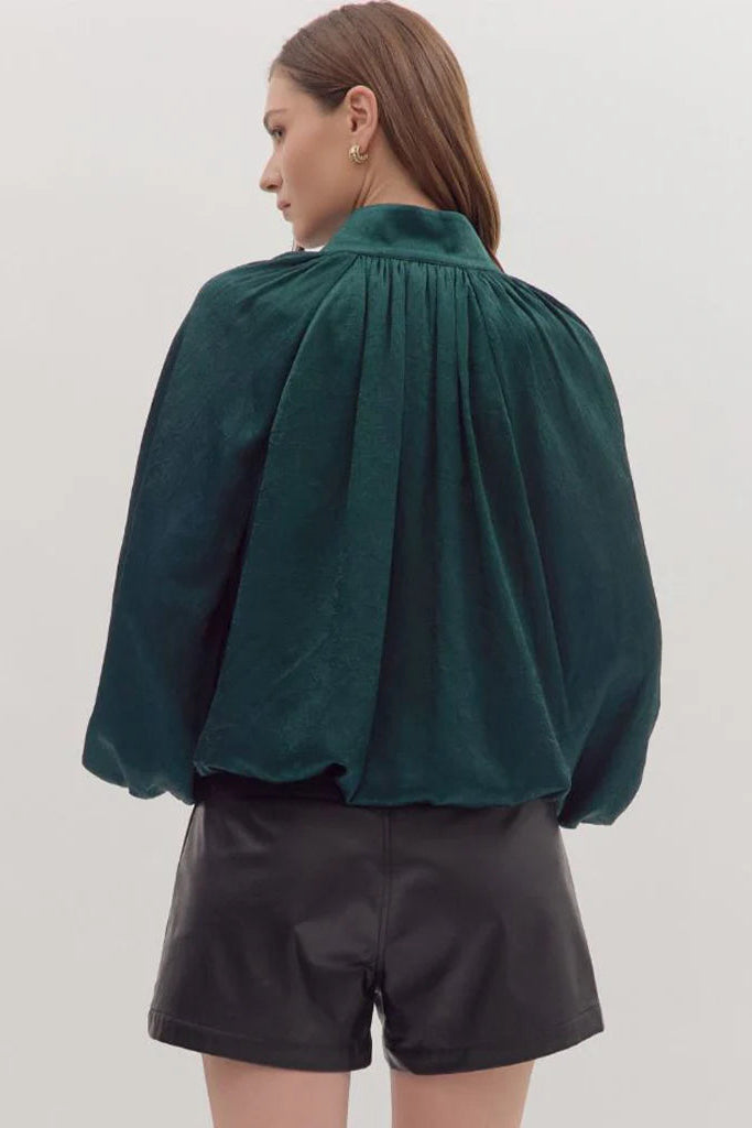 entro hunter green satin bubble hem top back