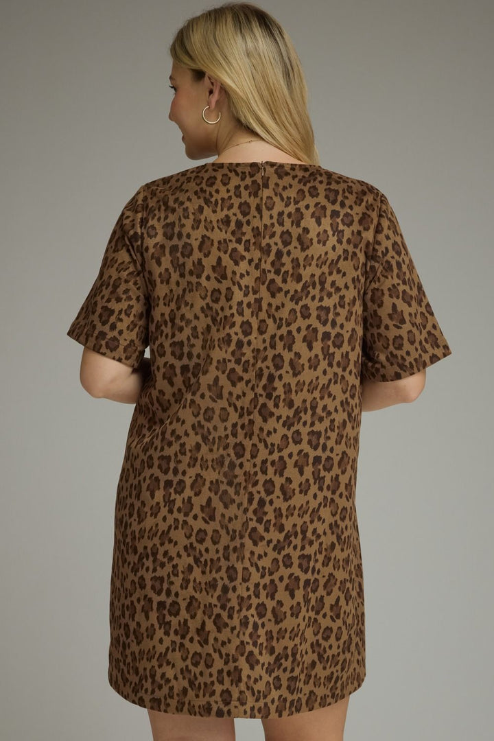 plus size brown leopard print with gold accent details short sleeve relaxed mini dress with back zipper closure