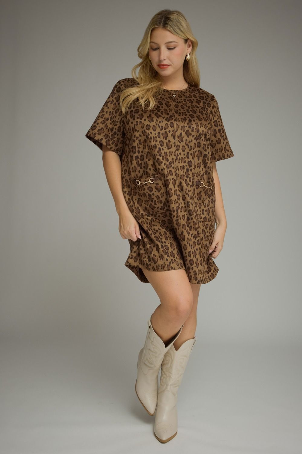 plus size brown leopard print with gold accent details short sleeve relaxed silhouette mini dress