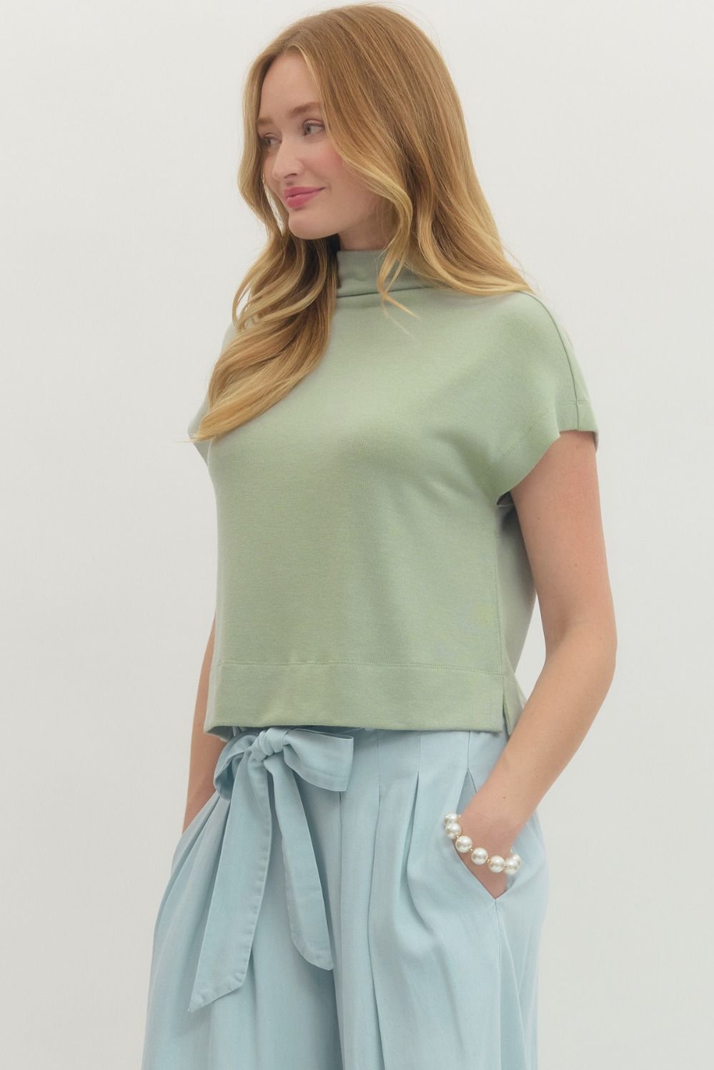 entro mock neck knit spring top mint green side slits