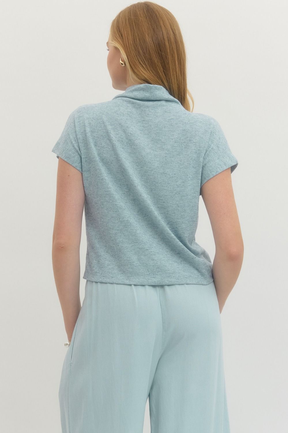 entro mock neck light blue knit top side slits